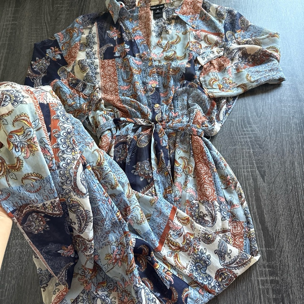 Maxi Shirt Dress in Navy, Rust & Cream Patchwork Print - Picture 5 of 6